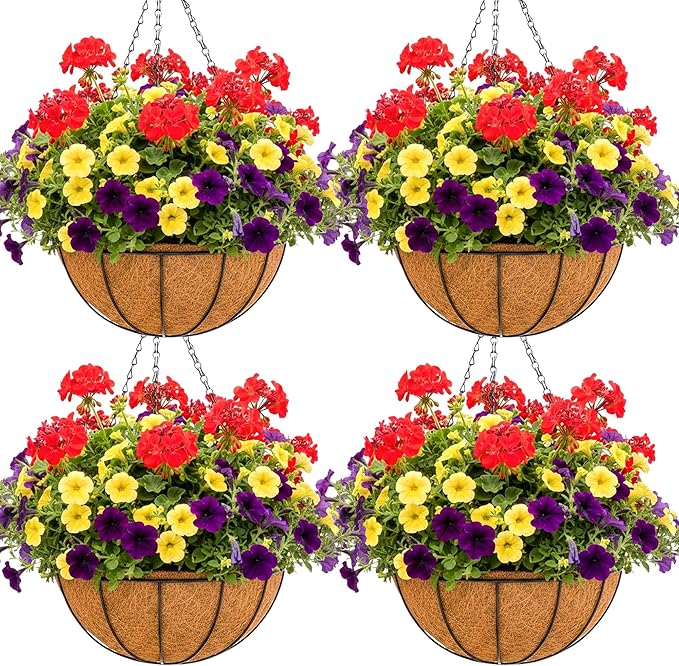 14 inch Metal Hanging Baskets For Plants Outdoor 4 Pack Round Metal Wire Hanging Basket Planter with Coco Fiber Liners Chain Round Wire Plant Holder for Garden, Patio, Deck, Porch Plants Flower Potss
