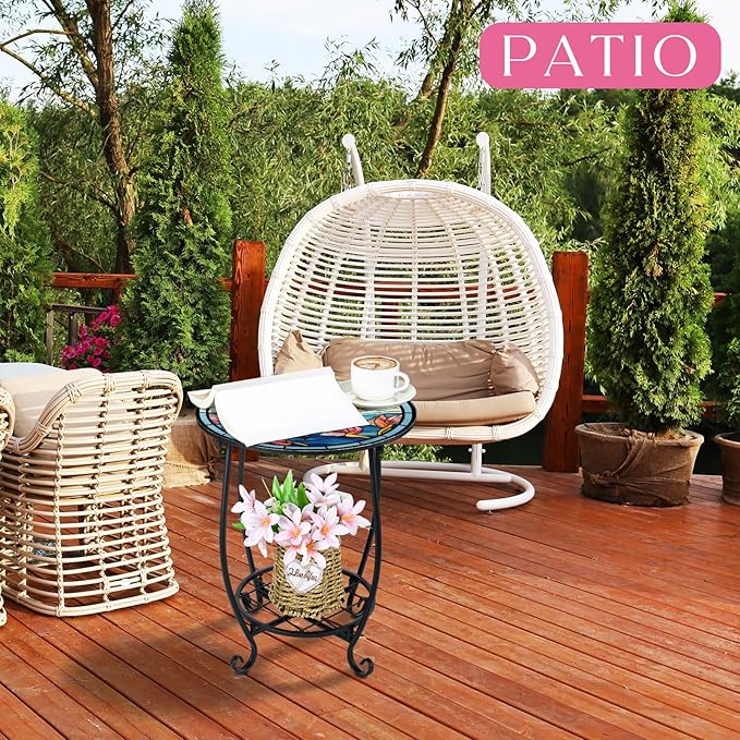 Outdoor Side Table Round Small Mosaic Patio Accent Indoor End Plant Coffee Tea Table for Yard Patio Porch Garden Living Room, Bedroom(Dragonfly Style,14 Inch)
