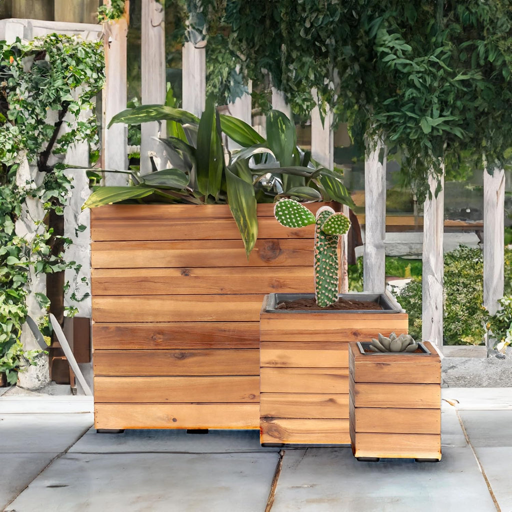 sunnydaze acacia wooden planter boxes with liners, side view