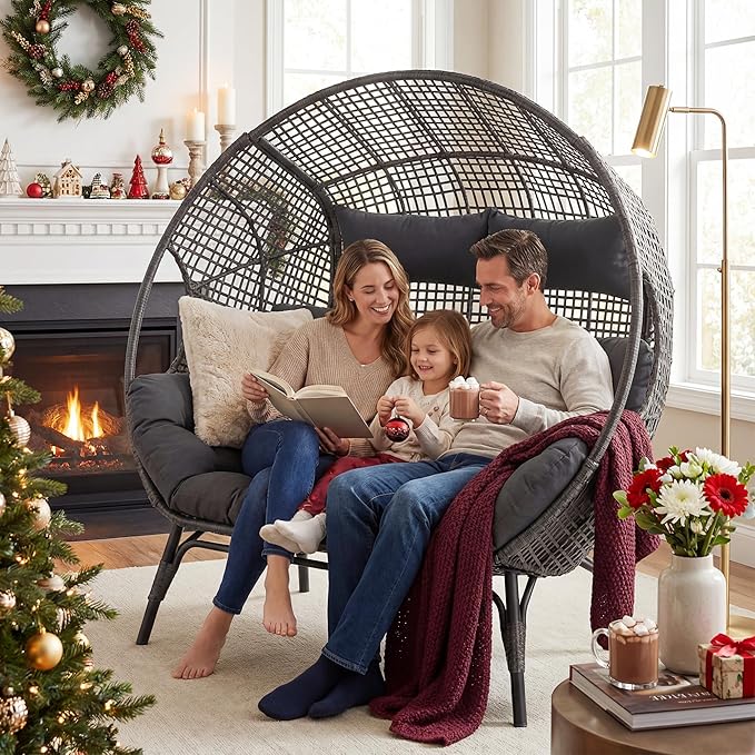 NICESOUL® Double Egg Chair Indoor Outdoor Stationary Oversized 6.5" Thick Padded Cushions,2 Person Wicker Egg Loveseat Chair,680 lbs Extra Wide Lounge Chair for Patio Balcony Porch Gray with Cover