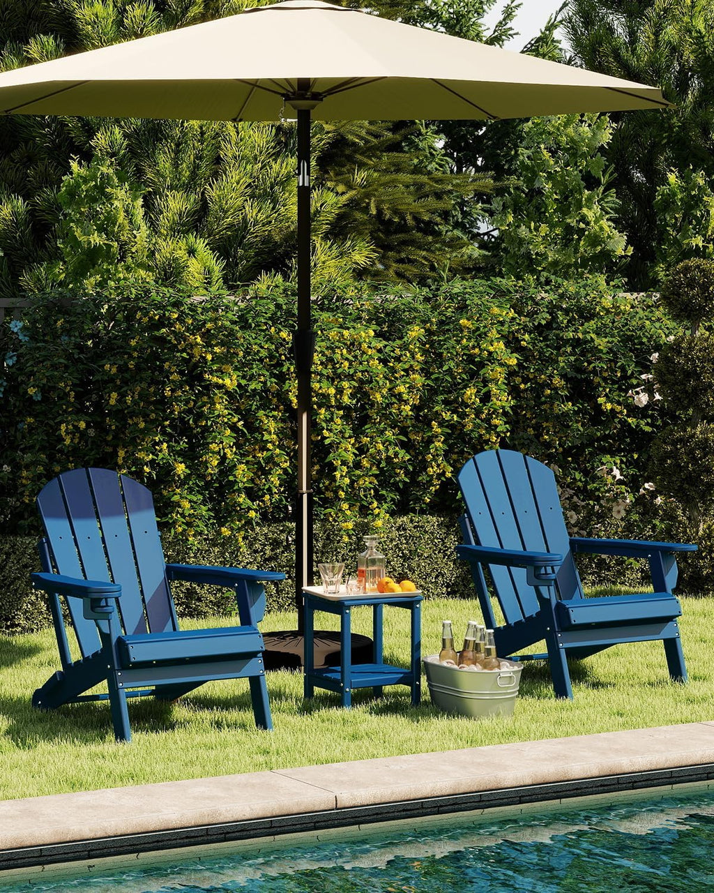 GREENVINES Folding-Adirondack-Chairs Set of 2, HDPE All Weather, Blue | Hidden Cup Holder | 5” Wide Armrests | Foldable Fire Pit Chair | Reclined Legs | Low Maintenance for Outdoor Patio Deck