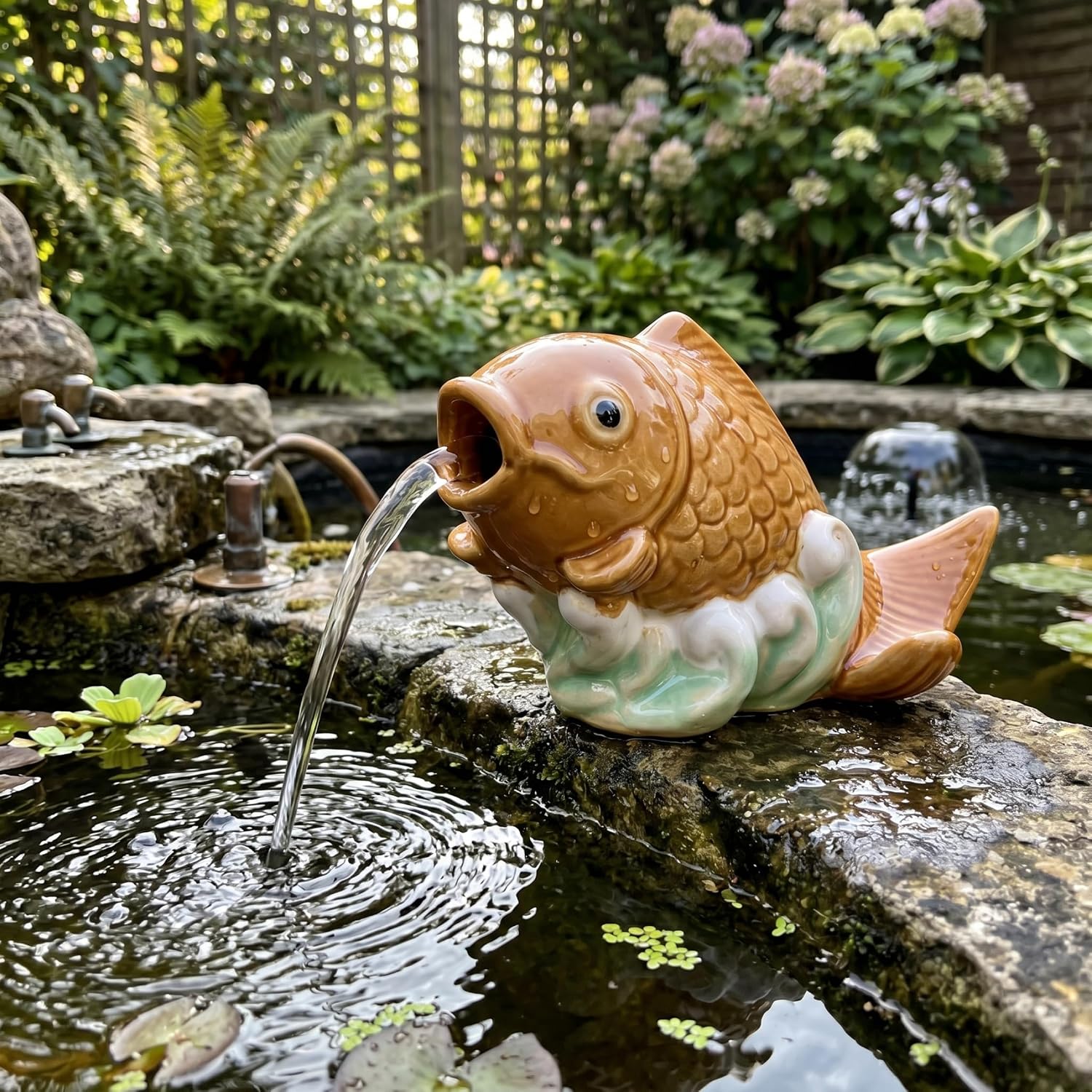 Ceramic Koi Fish Pond Spitter - Lifelike Water Fountain Spout for Small Ponds, Gardens & Pools, Style 1