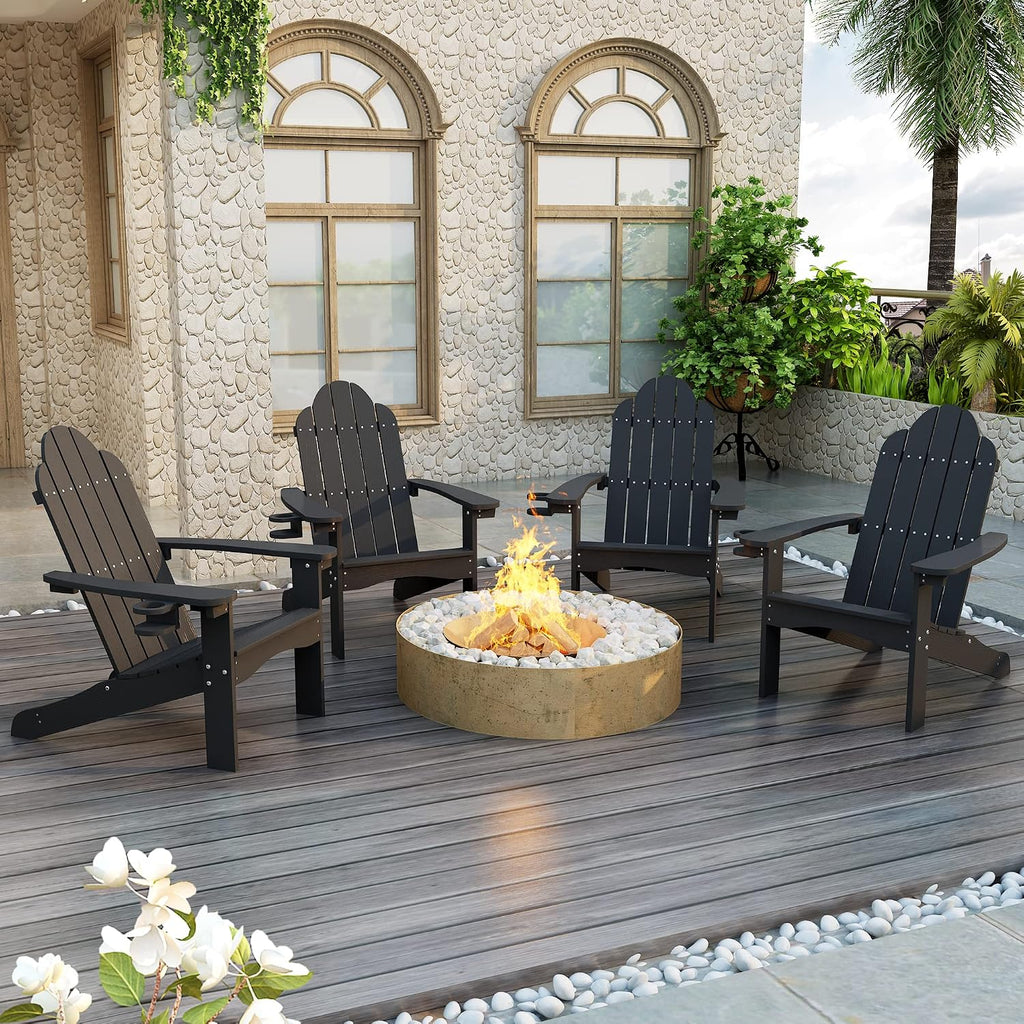LUE BONA HDPS Outdoor Adirondack Chair, Cup Holder, Black | HDPS poly lumber, all-weather resistant, Low maintenance, built-in cup holder, 350 lbs capacity, for patio deck poolside