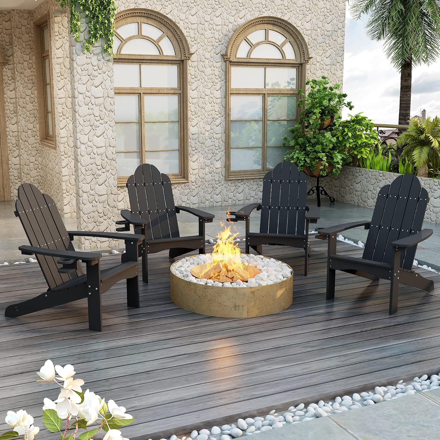 LUE BONA HDPS Outdoor Adirondack Chair, Cup Holder, Black | HDPS poly lumber, all-weather resistant, Low maintenance, built-in cup holder, 350 lbs capacity, for patio deck poolside