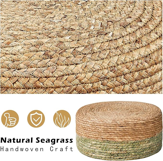 Cpintltr Ottoman Natural Seagrass Footrest Poufs Hand Weave Round Foot Stool for Couch Desk Soft Step Stool Padded Foot Rest with Pine Legs for Living Room Bedroom Natural/Green