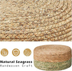 Cpintltr Ottoman Natural Seagrass Footrest Poufs Hand Weave Round Foot Stool for Couch Desk Soft Step Stool Padded Foot Rest with Pine Legs for Living Room Bedroom Natural/Green