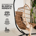 SereneLife Hanging Egg Chair w/Stand - Wicker Rattan Swing, Padded Cushion | Foldable Design, Weather-Resistant Cushion & Padded Headrest Included, 350 lb Capacity, Great for Patio, Backyard & Bedroom.