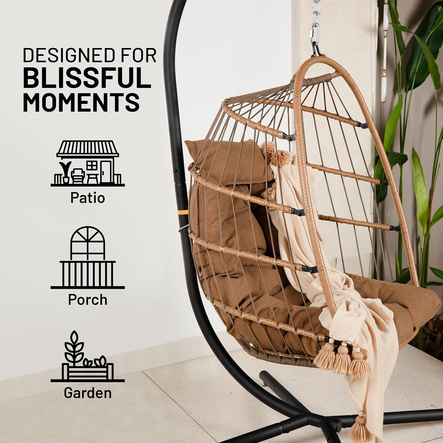 SereneLife Hanging Egg Chair w/Stand - Wicker Rattan Swing, Padded Cushion | Foldable Design, Weather-Resistant Cushion & Padded Headrest Included, 350 lb Capacity, Great for Patio, Backyard & Bedroom.