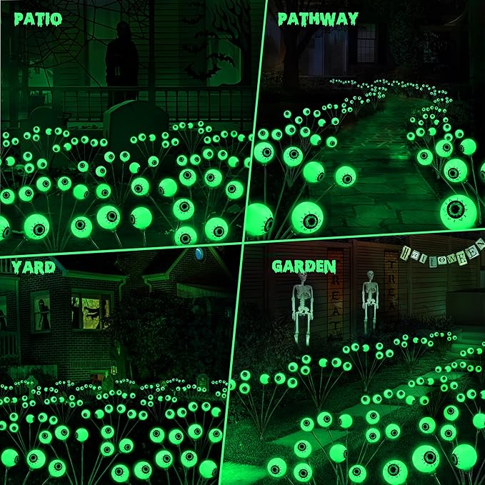 BrizLabs 8 Pack 48 LED Halloween Solar Lights, 2 Modes Outdoor Halloween Eyeball Pathway Lights, Solar Spooky Light Waterproof, Green Swaying Firefly Lighting for Path Yard Garden Lawn