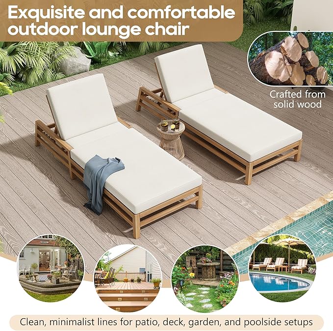 LUMISOL Outdoor Chaise Lounge Chairs Set of 2, Solid Wood Patio 5-Position Adjustable Recliner Chair with Thick Cushions, Weather-Resistant for Pool, Balcony, Garden, Light Teak