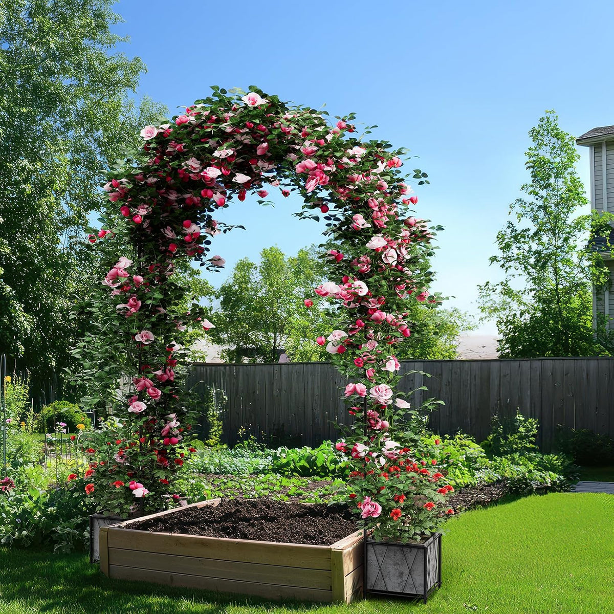 garden arch arbor trellis with planter boxes 8.2, front angle view