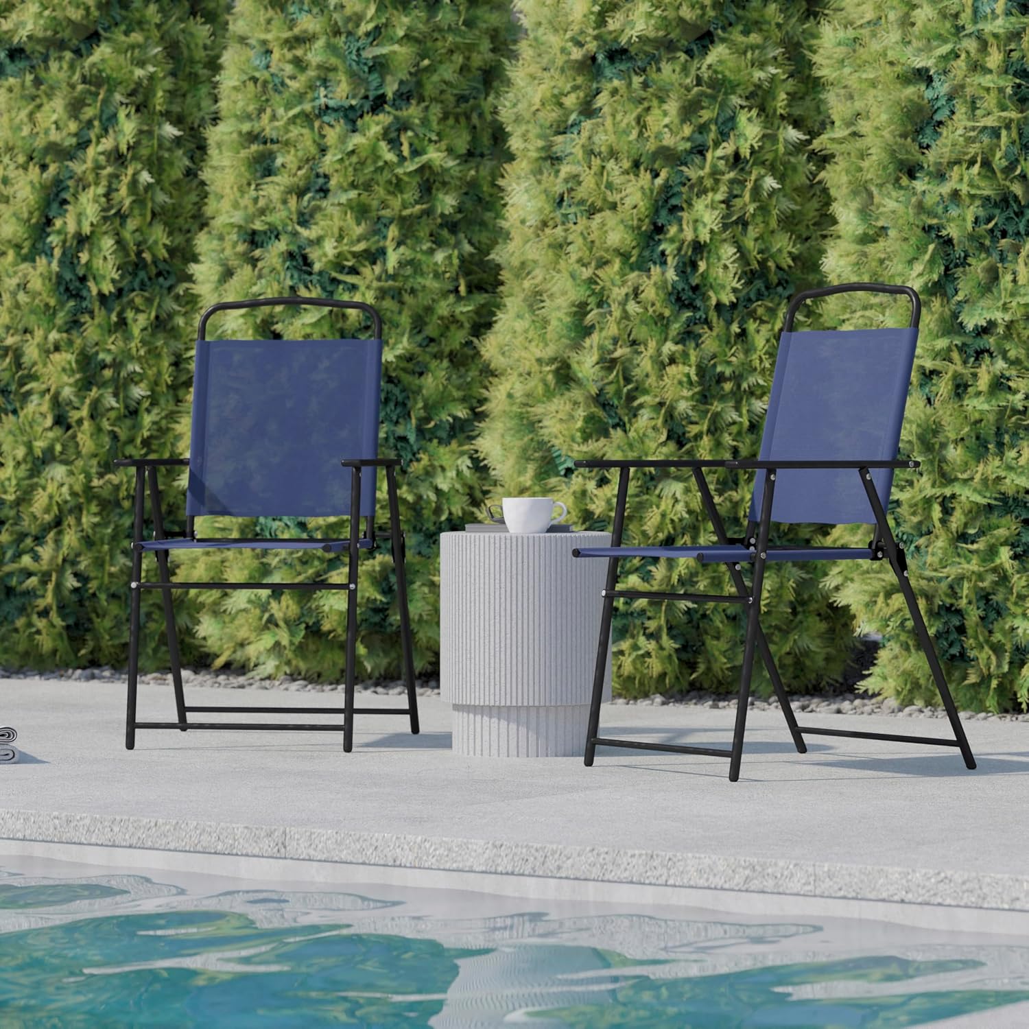 Flash Furniture Mystic Folding Patio Sling Chairs, Outdoor Textilene Lawn Chairs with Armrests, Set of 2, Navy | Textilene
