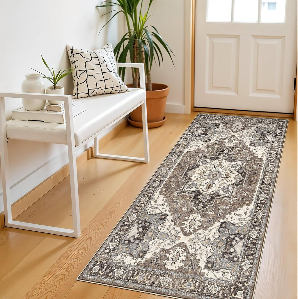 RUUGME Entryway 2x4 Runner Rug: Washable Vintage Rugs Low Pile Lightweight Stain Resistant Carpet for Kitchen Bedroom Non-Slip Soft Thin Floor Mat for Bathroom Laundry Room (Beige,2x4)