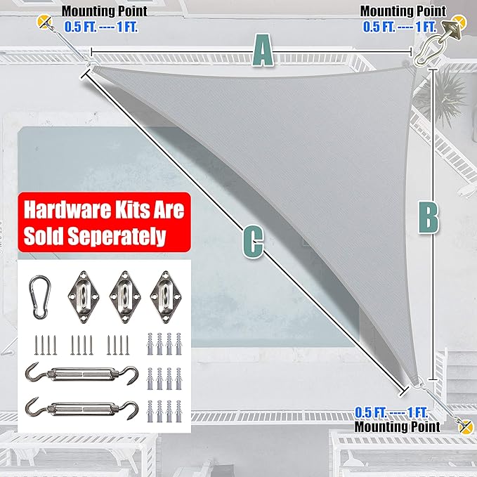 Amgo Custom Size 6' x 12' x 13.4' Gray Right Triangle Sun Shade Sail UPF50+ AGTAPRT12, Order to Make Canopy Awning, 95% UV Blockage, Water & Air Permeable, Commercial Standard (We Customize)