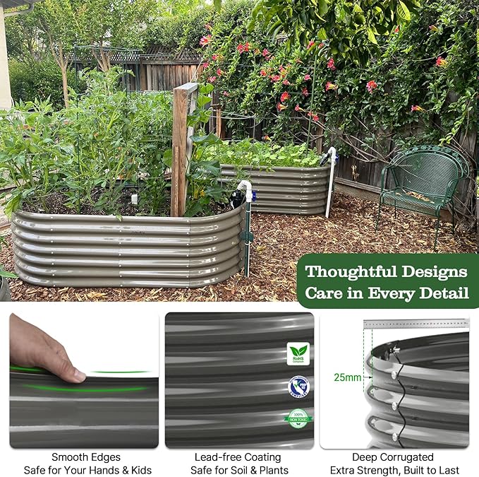 A ANLEOLIFE 8x4x2ft Galvanized Raised Garden Bed Kit, Oval Metal Deep Root Planters for Outdoor Plants Vegetables Flowers Herb, Large Bottomless, 478 Gallon Capacity- Quartz Grey