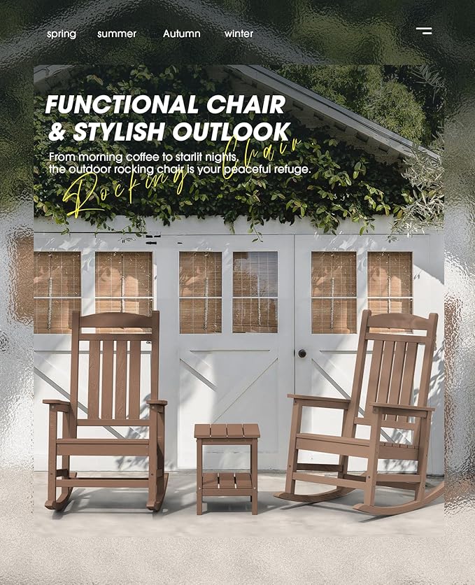 KINGYES Outdoor Rocking Chair Set of 2, High Density Polyethylene Patio Rocking Chairs with 330lbs Support for Adults, Brown