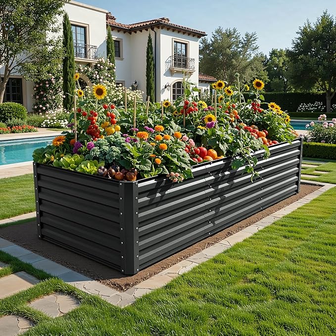 YITAHOME 96x48x24 in Galvanized Raised Garden Bed Kit, Large Metal Planter Box with Gloves, Safety Rubber & Support Rod, Outdoor Flower Bed for Plants Vegetables, Black