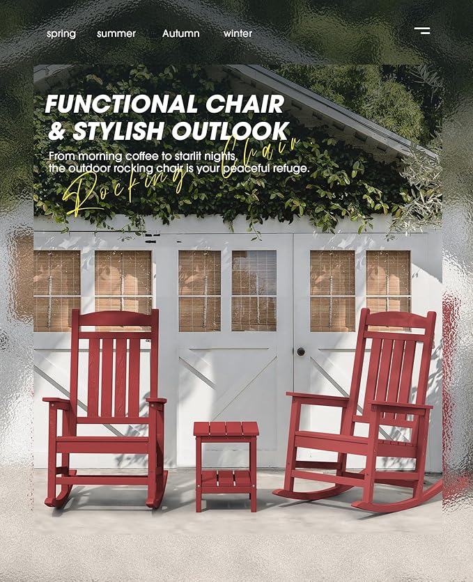 KINGYES HDPE Outdoor Rocking Chair Set of 4, All-Weather Poly Patio Rocking Chairs with 330lbs Support for Adults, Dark Red