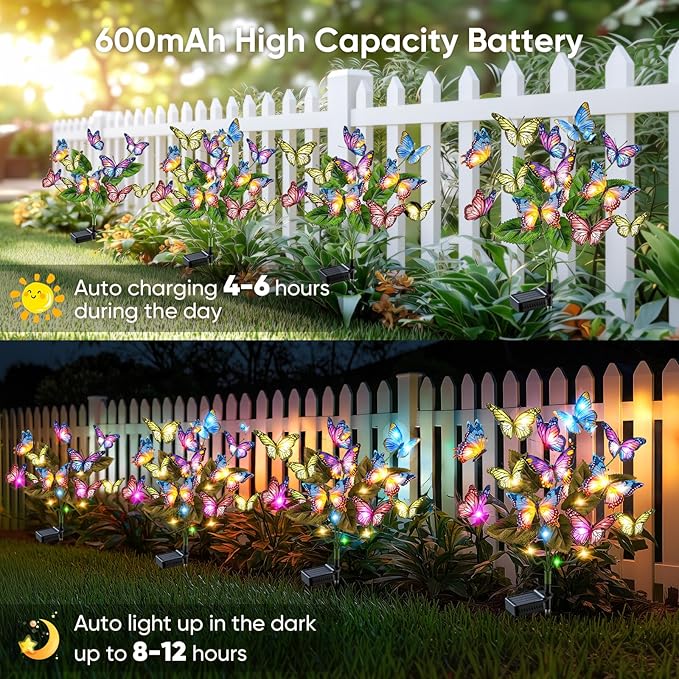 Solar Lights Outdoor Garden Decor: 4 Pack 68 Silk Butterflies with 88 Color-Changing LEDs - Auto On/Off 12H Magical Lighting IP65 Waterproof for Yard Patio Pathway - Unique Gifts for Mom Grandma