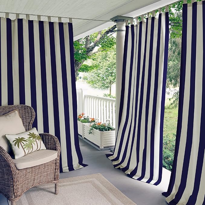 Elrene Home Fashions Highland Stripe Indoor/Outdoor Curtain Panel, 50 inches X 95 inches, Navy