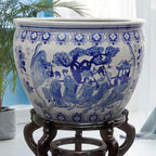 Red Lantern 12" Ladies Blue & White Porcelain Fishbowl Planter or Cachepot for Indoor/Outdoor Use in Garden Entryway Living Room Boho Eclectic Modern Contemporary Classic Traditional Style Decor