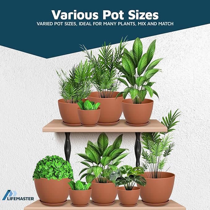 Terracotta Plant Pots with Drainage Holes & Saucers 3 Pack, Indoor & Outdoor Stackable Space-Saving Planters for Houseplants & Flowers, (7", 6.7", and 6" Inches), Durable & Weatherproof Materials