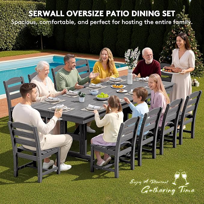 SERWALL Outdoor Dining Table, 84" Rectangular Dining Table for 6-10 Person, All Weather HDPE Outdoor Furniture for Backyard, Garden, Gray