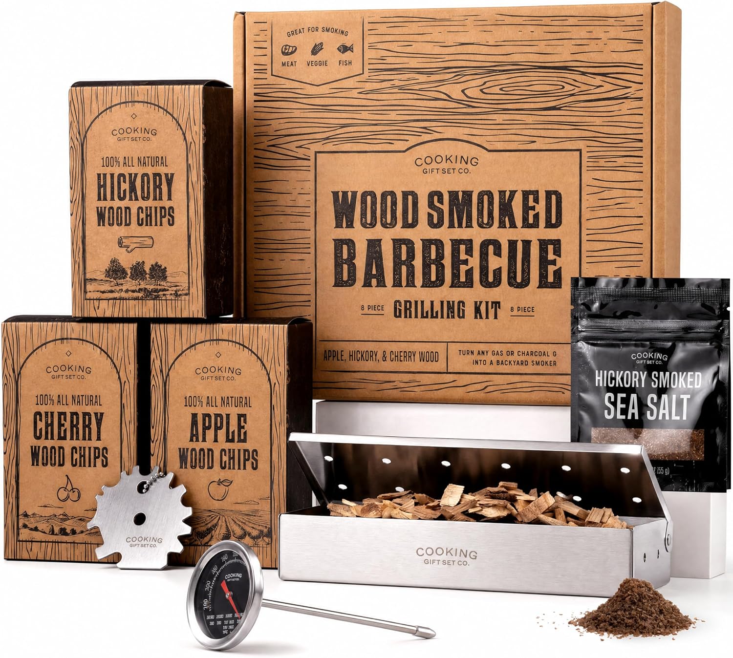 Grilling Accessories BBQ Smoker Box Grill Kit - Stainless Steel Smoke Box | 8-Piece BBQ Smoking Set, 304 Stainless Steel, Meat Thermometer, Grate Scraper, Recipe Cards, Fathers Day Gifts, BBQ Lovers