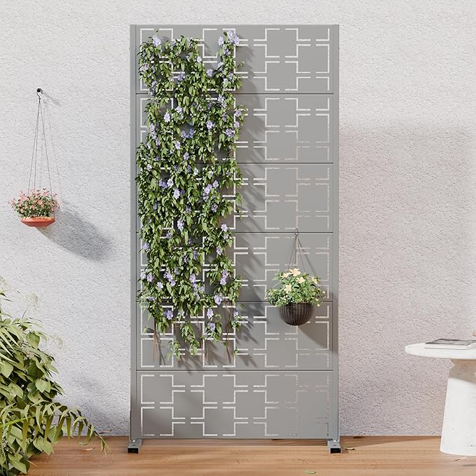 Casaphoria Metal Privacy Screen Outdoor, 72" H x 35" W Freestanding Decorative Privacy Screen for Patio Deck Balcony Garden with Stable Base, Grey-Square