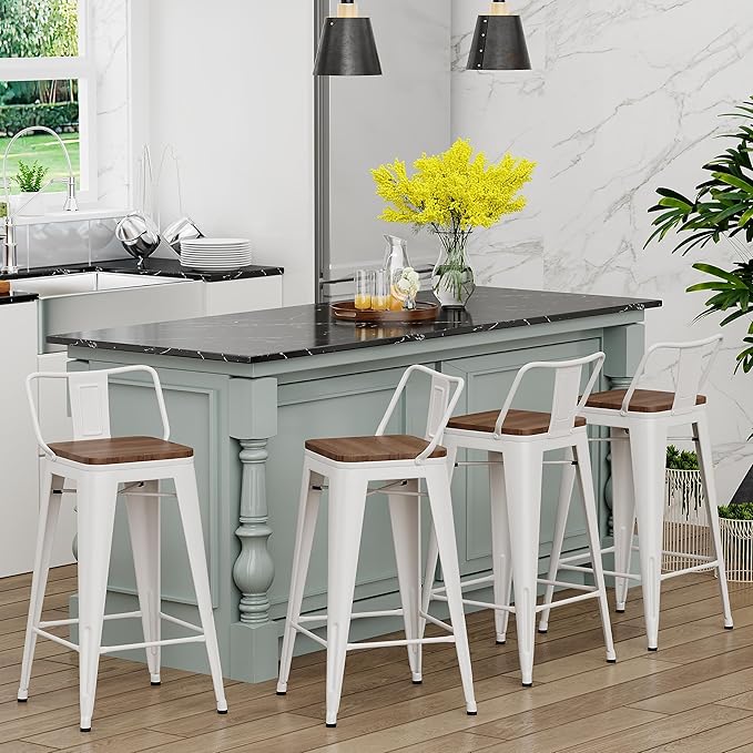 Yongchuang 30 inch Metal Bar Stools Set of 4 Bar Height Barstools with Wood Seat Low Back Kitchen Bar Chairs Cream White