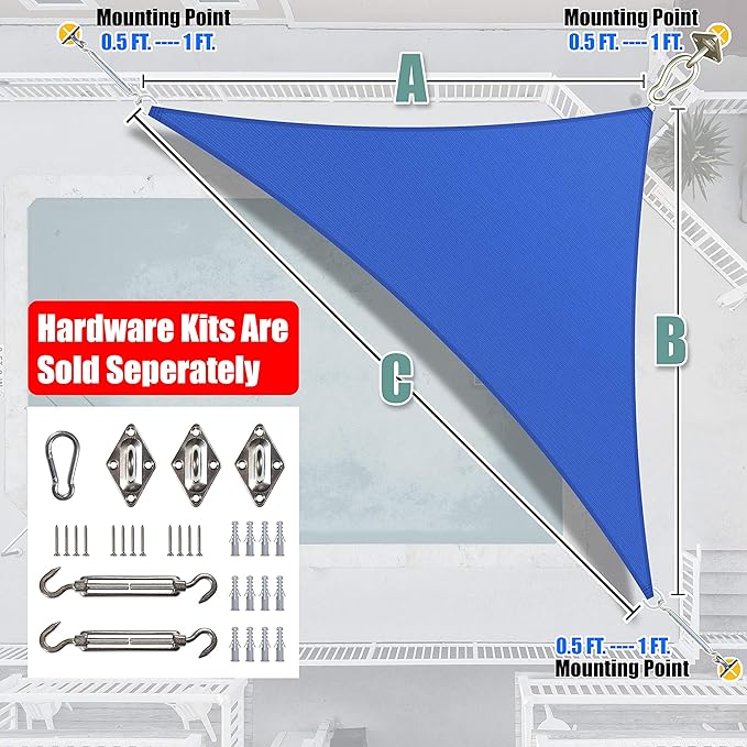 Amgo Custom Size 13' x 17' x 21.4' Blue Right Triangle Sun Shade Sail Order to Make Canopy Awning UPF50+ AGSLT, 95% UV Blockage, Water & Air Permeable, 200GSM Commercial Standard (We Customize)