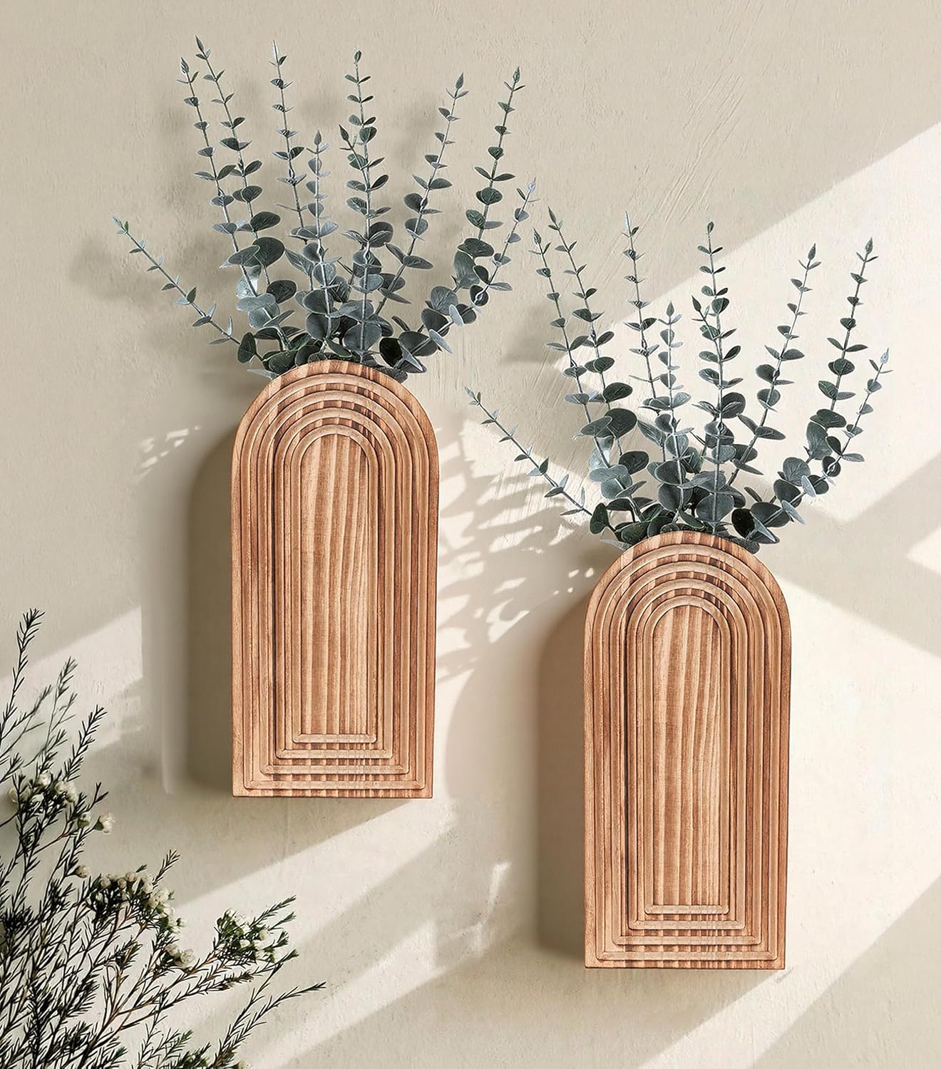 DREAMLOOM 2 Pack Wooden Wall Vases with Eucalyptus Artificial Plants, Wall Hanging Planters Boho Modern Farmhouse Indoor for Narrow Spaces Entryway Bathroom Home Office Decoration, Brown