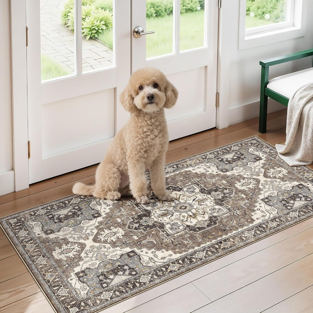 RUUGME Entryway 2x4 Runner Rug: Washable Vintage Rugs Low Pile Lightweight Stain Resistant Carpet for Kitchen Bedroom Non-Slip Soft Thin Floor Mat for Bathroom Laundry Room (Beige,2x4)