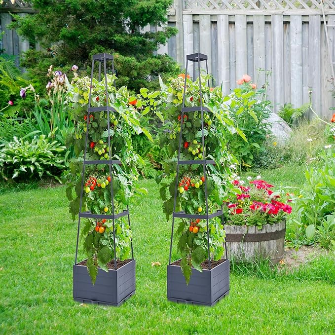 GENMOUS Raised Garden Bed with Tomato Planter Box Trellis, 56'' Tomato Cages for Garden, Tomato Planter Cage for Patio for Climbing Plants Vegetable Vine Flowers Outdoor & Indoor, 4 Pack