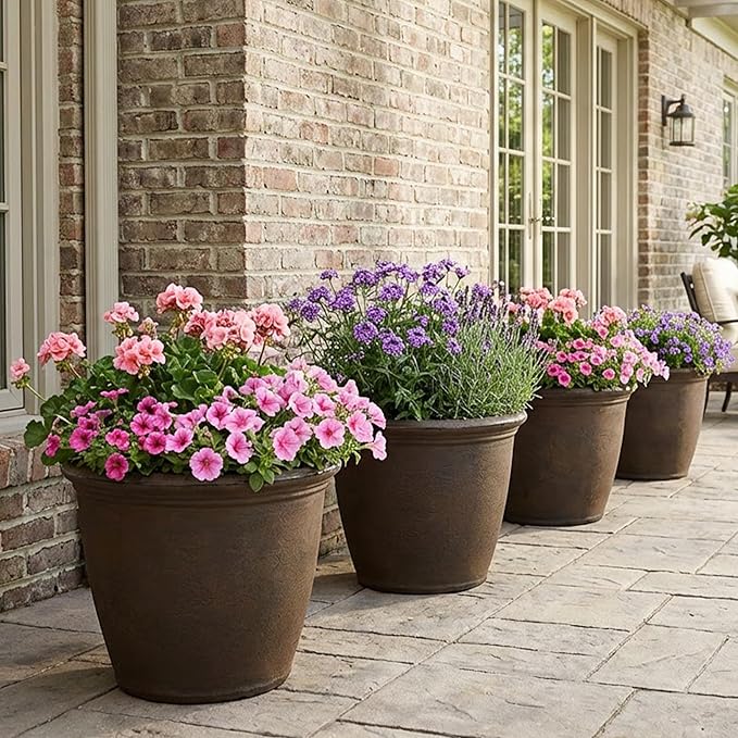 Sunnydaze 20-Inch Anjelica Large Plastic Pot for Plants - Outdoor Double-Walled Large Plastic Planter with Drillable Drainage Holes - Rust - 4pk