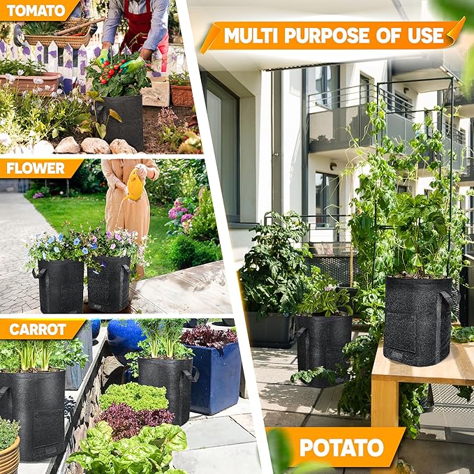 [Upgraded] 4Pcs 15 Gallon Potato Grow Bags with Unique Harvest Window & Visible Window, Non-Woven Planter Pot with Sturdy Handle, Potato Growing Container, Plant Garden Bags to Grow Vegetables, Tomato