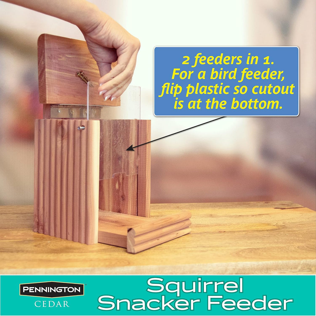 Pennington Cedar Squirrel Snacker Feeder, Squirrel Feeder, 2.75 LB | Hanging squirrel feeder, bird and squirrel feeder, eastern red cedar; mounts to tree, post or fence, keeps food dry