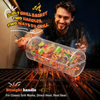 2-in-1 Rolling Grill Basket 304 Stainless Steel Rotatable with Dual Handles | Crank & Straight Grip Handles, Grill Net for Vegetables Shrimp & More, Ideal BBQ Gift for Men, Dad, Husband, Dishwasher Safe