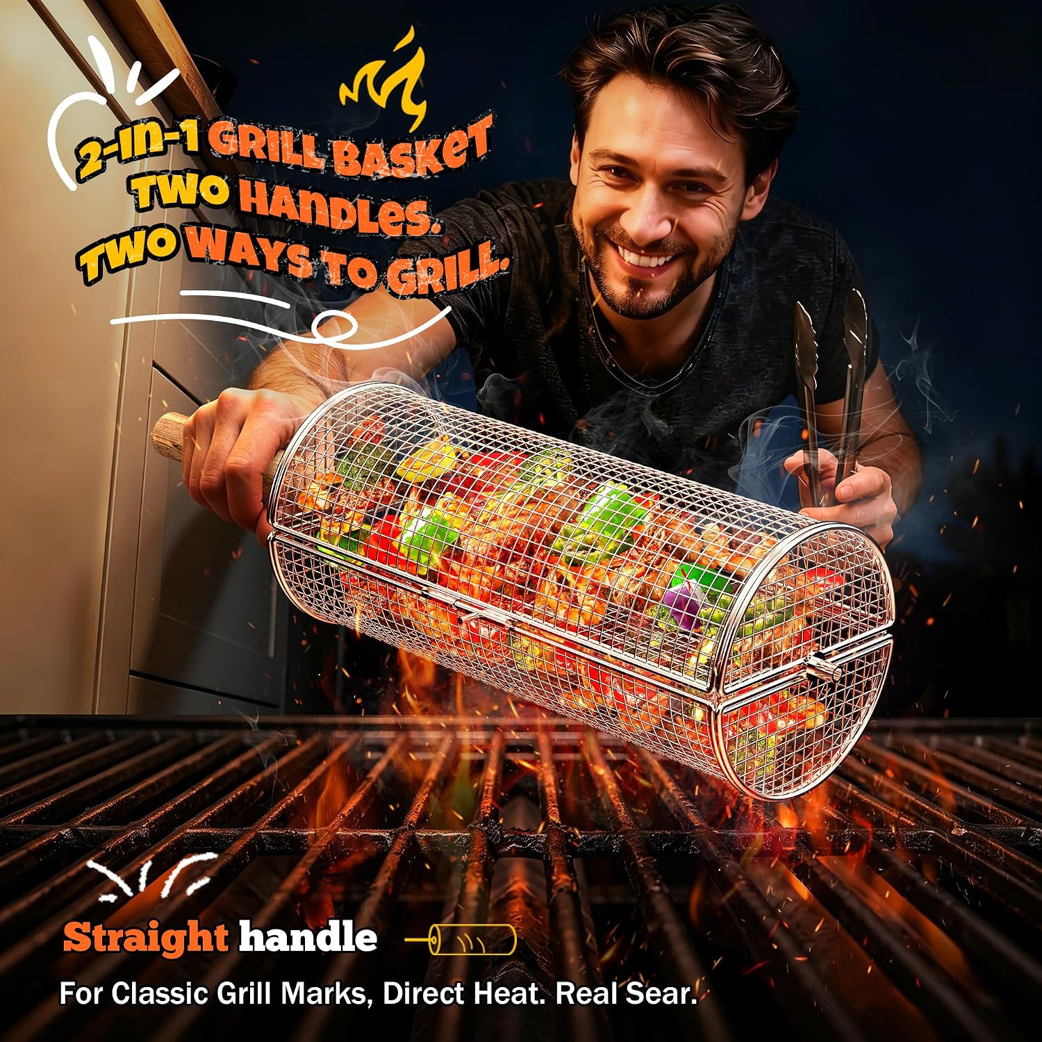 2-in-1 Rolling Grill Basket 304 Stainless Steel Rotatable with Dual Handles | Crank & Straight Grip Handles, Grill Net for Vegetables Shrimp & More, Ideal BBQ Gift for Men, Dad, Husband, Dishwasher Safe
