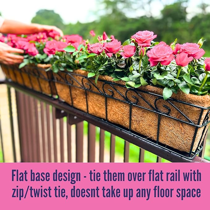 LaLaGreen Wall Mounted Planters - 30 Inch, 6 Pack Black Window Flower Boxes Basket Outdoor, Balcony Planter Over The Rail, Deck Railing Hanging with Coco Liners, Metal Horse Troughs Fence Patio Porch