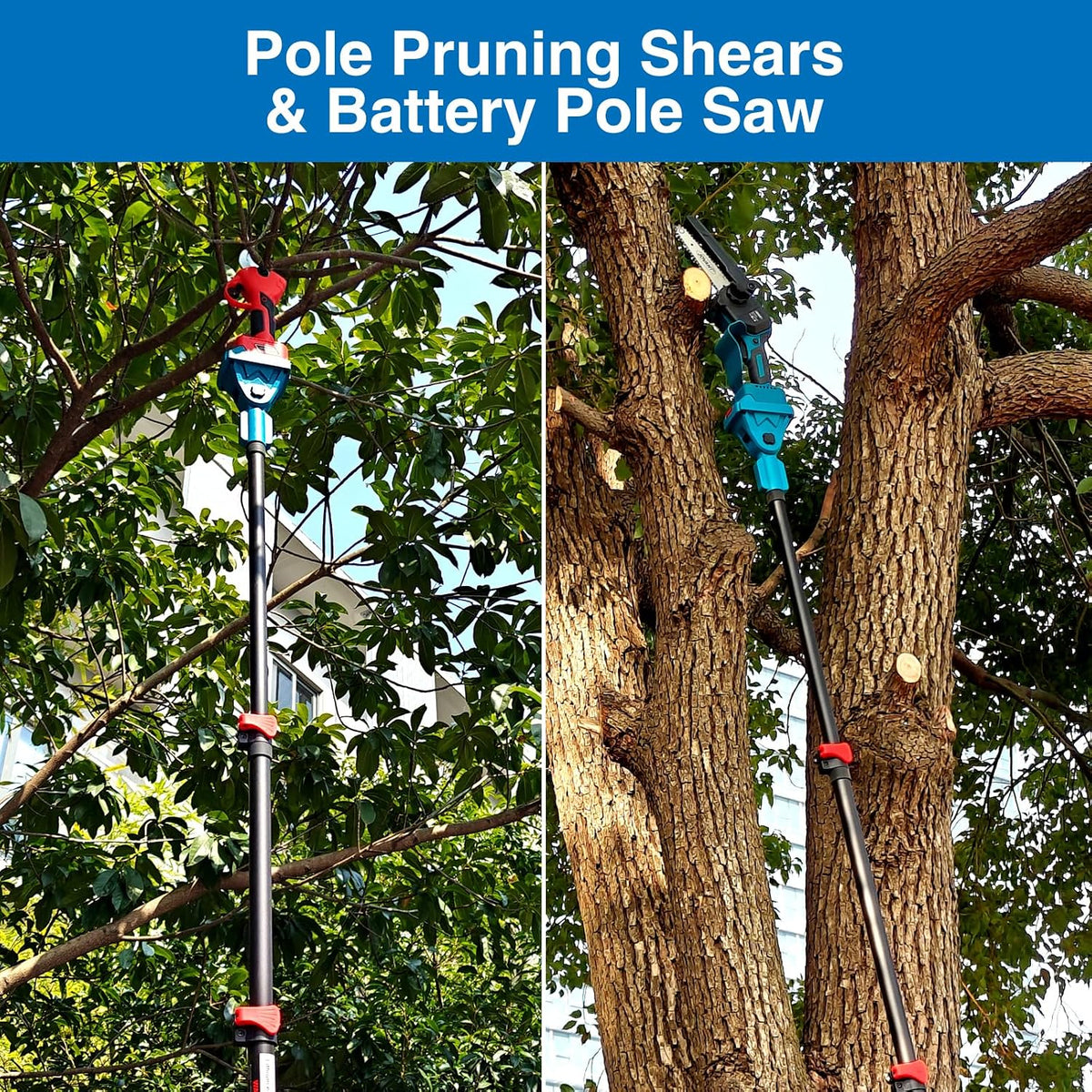 3-in-1 pole pruning shears, electric pruning shears & shown in use
