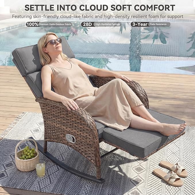 Zero Gravity Patio Rocking Wicker Recliner Chair - Wicker Outdoor Lounge Chair with Adjustable Backrest & Footrest, All Weather Reclining Rocker Chairs with Thick Cushion for Pool Deck Gray