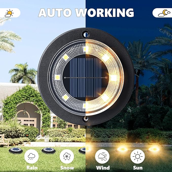 Flacchi Solar Lights Outdoor - Solar Powered Ground Lights Outdoor Solar Disk Light Waterproof Landscape Light for Patio Yard Pathway Walkway Driveway (Warm White, 2 Pack)