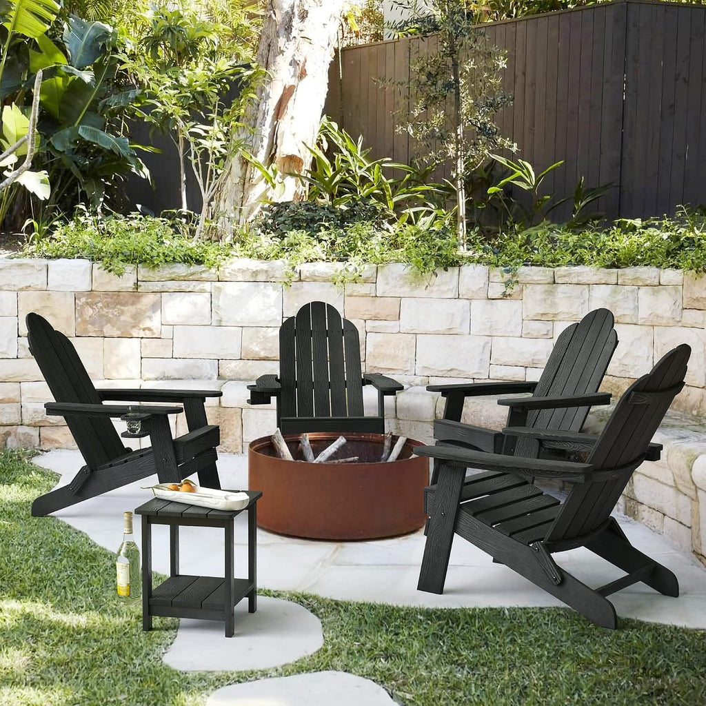 LUE BONA Folding Adirondack Chairs Set of 4, HDPS Fire Pit Chairs, Black | All-weather-resistant, ergonomic curved design, all-day comfortable sitting, HDPS Distinct texture & vibrant rich colors