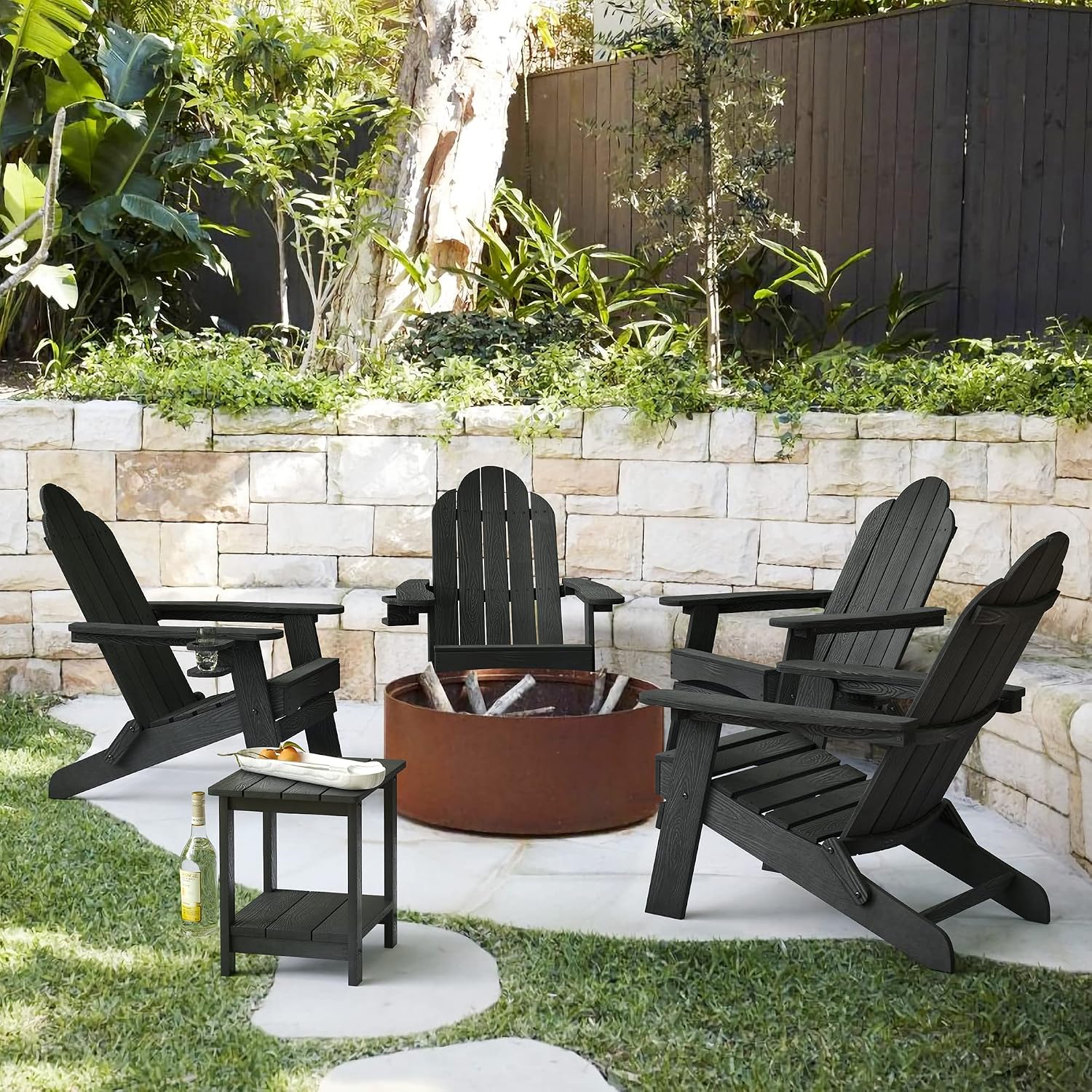 LUE BONA Folding Adirondack Chairs Set of 4, HDPS Fire Pit Chairs, Black | All-weather-resistant, ergonomic curved design, all-day comfortable sitting, HDPS Distinct texture & vibrant rich colors