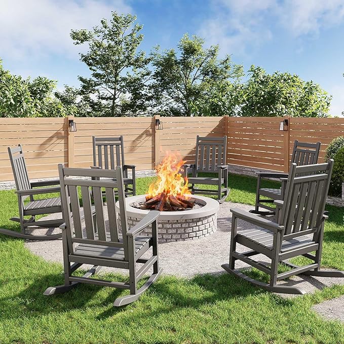 HDPE Rocking Chair Outdoor- Poly High Back Porch Rocker Chairs for Adults - All Weather Resistant Furniture for Patio Front Porch - Gray