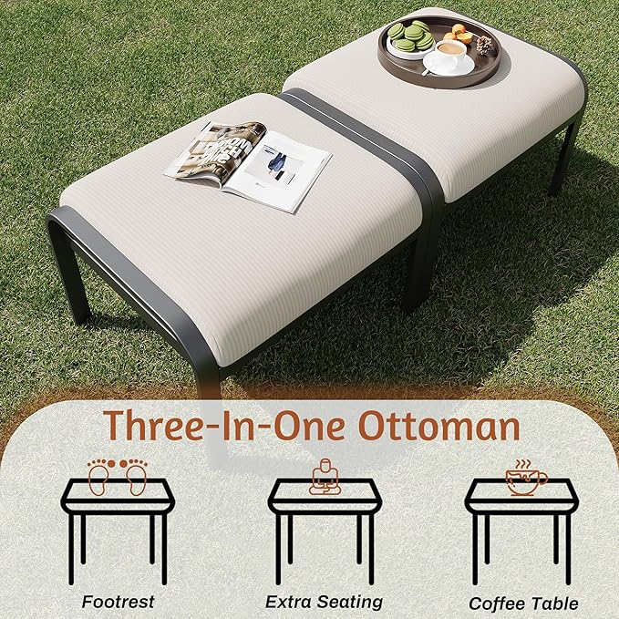 HOMREST Metal Outdoor Ottoman, 2-Piece Aluminum Footstool w/Removable Cushion, Multipurpose Footrest Stool Additional Seating, Set of 2 Outdoor Ottomans for Patio Deck (Beige)