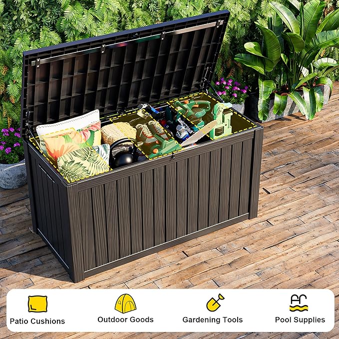 EasyUp 180 Gallon Outdoor Deck Box Waterproof, UV Resistant Resin Outdoor Storage Box with Hydraulic Rod for Delivery, Porch, Patio and Garden, Black