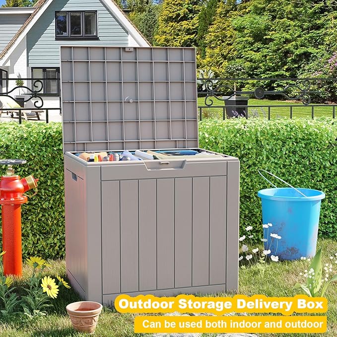EasyUp 35 Gallon Resin Deck Box Waterproof, UV Resistant Outdoor Storage Box for Delivery, Patio, Garden, and Porch,Striped Gray