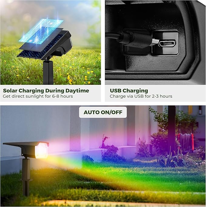 Kingsyard Solar Color Changing Lights 8 Colors, USB & Solar Powered Solar Lights Outdoor Waterproof IP68, Multicolor RGB Outdoor Lights for Garden Yard Landscape Decor, 6 Pack